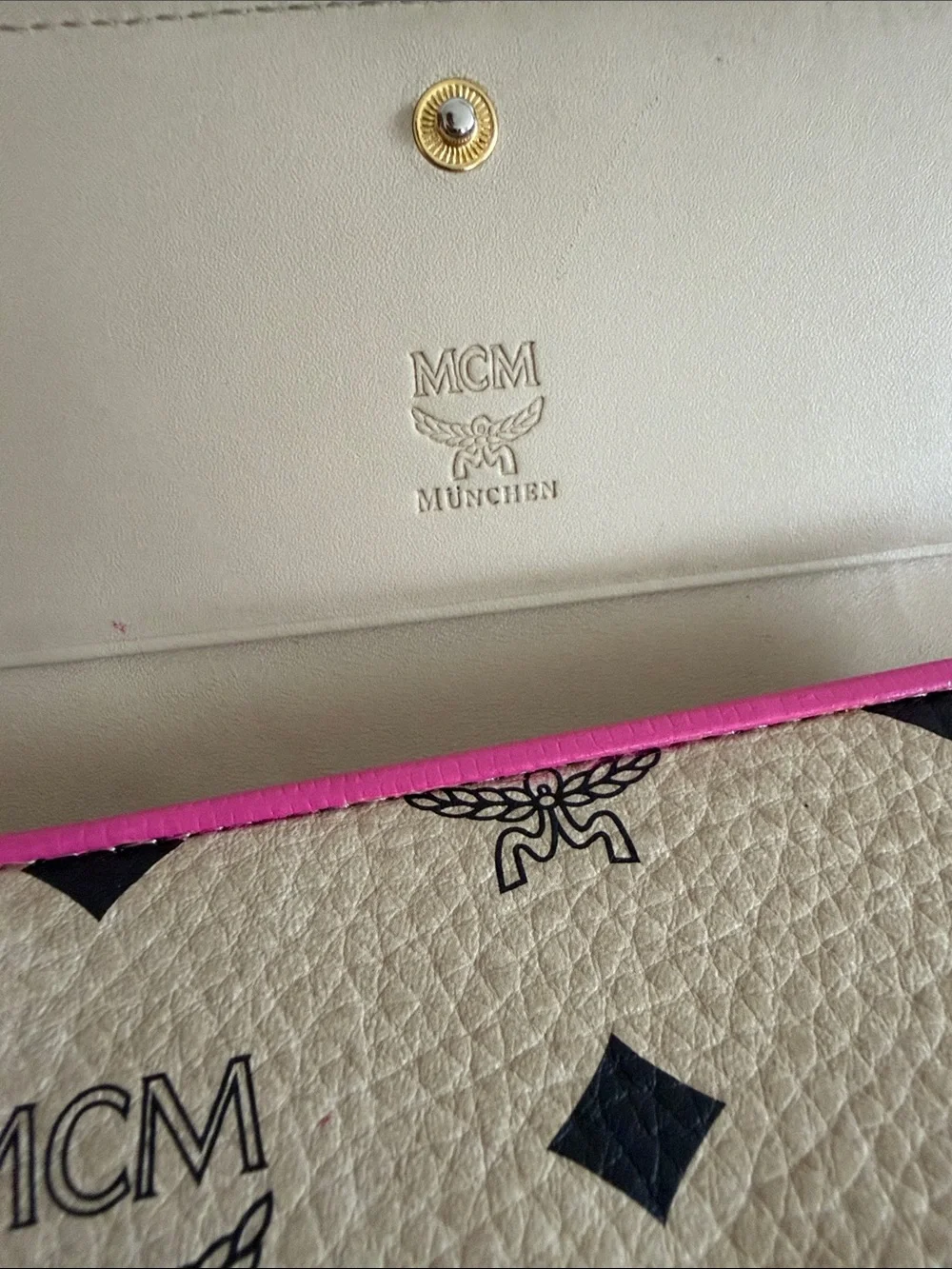 MCM Beige Visetos Continental Wallet with Pink and Purple Accents